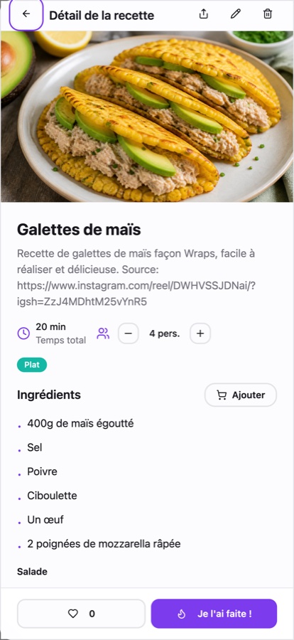 Capture FoodShare : recette de galettes de maïs, portions et ingrédients