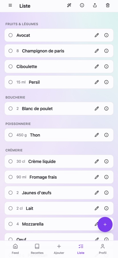 Capture FoodShare : liste de courses organisée par rayons